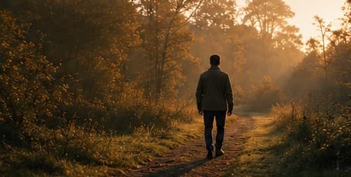 Leitor caminhando em uma estrada ao amanhecer